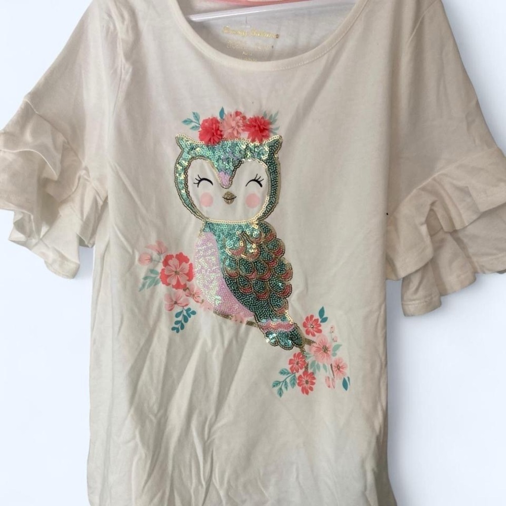 Tommy Bahama white ruffle sleeve sequin owl T-Shirt 10/12 L